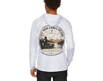 Felpa con cappuccio da pesca cristiana / 1 Pietro 5:7, scena in riva al lago, traspirante