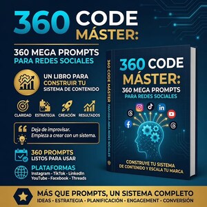 Puede incluir: Un libro azul oscuro titulado 360 CODE MÁSTER: 360 MEGA PROMPTS PARA REDES SOCIALES. La portada muestra una silueta de cabeza humana azul brillante con engranajes, iconos de redes sociales y texto sobre un sistema de contenido para diversas plataformas.