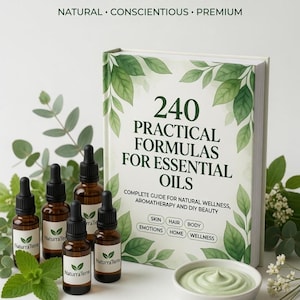 Puede incluir: Un libro titulado 240 Practical Formulas for Essential Oils con un diseño de hojas verdes en la portada, cinco frascos cuentagotas de vidrio ámbar etiquetados NaturraTerra y un pequeño cuenco blanco con crema verde claro, rodeados de menta y lavanda.