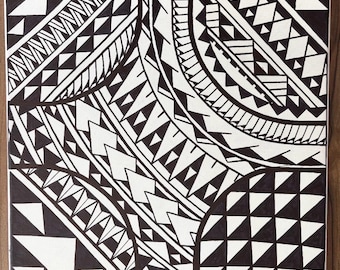 Hand-Drawn Polynesian Tribal Canvas Art: Black and White Island Décor (12"x12")