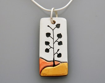 Mixed metal jewelry, Aspen Tree necklace, silver, copper, brass mixed metal pendant