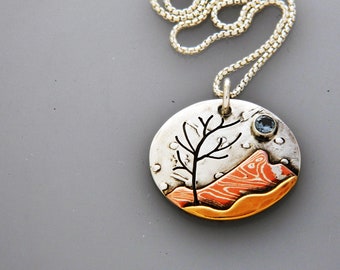 Mixed metal jewelry- mountain landscape jewelry, mixed metal "Winter Night" landscape pendant