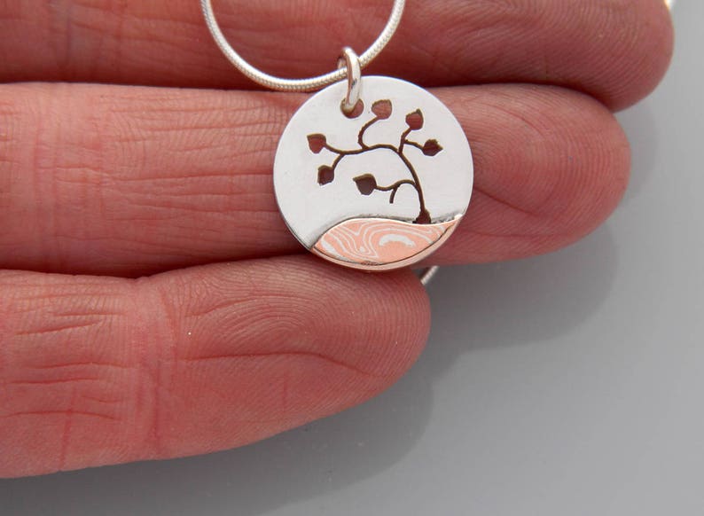 Mixed Metal Jewelry, Lone Tree Pendants, Silver, Copper, Brass and