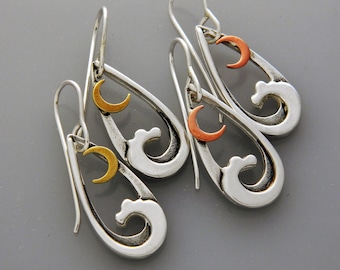 mixed metal jewelry, wave earrings with moons, silver waves