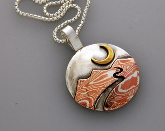 Mixed metal jewelry- mixed metal pendant "Moonlit Journey" mokume jewelry, landscape necklace