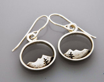 Silver Mountain jewelry "Silver Peaks wit Trees" silver earrings, silver landscape earrings, mountain earrings