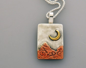 Mixed metal jewelry- mixed metal pendant "Crescent Moon Peaks" Landscape jewelry