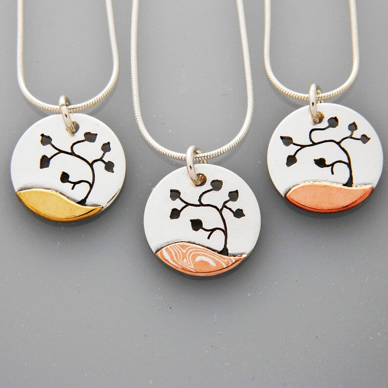 Mixed Metal Jewelry, Lone Tree Pendants, Silver, Copper, Brass and