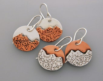 Mixed metal jewelry mixed metal mountain earrings, silver and copper peaks dangles