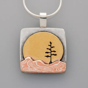 Mixed metal jewelry- &quot;Harvest Moon&quot; mountain and tree mountain landscape jewelry, mokume gane mountain pendant