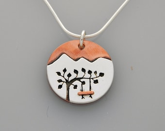 Tree Swing Necklace: Mixed Metal Pendant, Sterling Silver & Copper