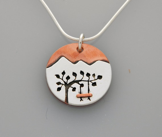 Tree Swing Necklace: Mixed Metal Pendant, Sterling Silver & Copper