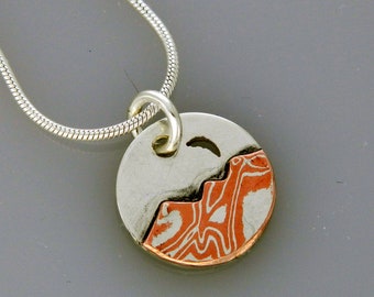 Mixed metal jewelry "Tiny Crescent Moon Mountain" pendant, mokume and mixed metal necklace