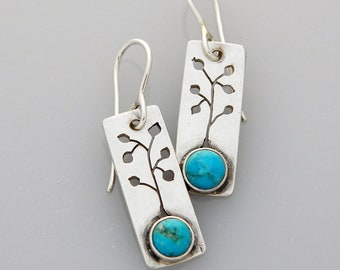 Silver jewelry, handmade silver tree earrings, nature jewelry with turquoise "Aspen Tree"