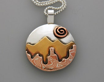 Mixed metal jewelry, mixed metal necklace, mokume gane landscape pendant, "Perfect Landscape"