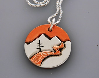 Mixed metal jewelry- mountain landscape jewelry, mixed metal "Mountain Journey" pendant