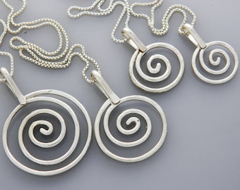 Metal jewelry, silver jewelry- large silver spiral necklace, swirls necklace