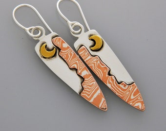 Mixed metal jewelry "Crescent Moon Canyons" mokume earrings