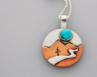 Mixed metal jewelry- mountain landscape jewelry, mixed metal "Mountain Journey" pendant