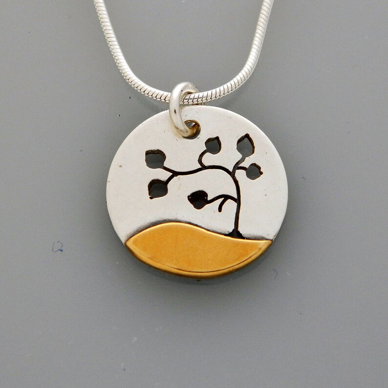 Mixed Metal Jewelry, Lone Tree Pendants, Silver, Copper, Brass and