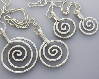 Metal jewelry, silver jewelry- medium silver spiral necklace, swirls necklace