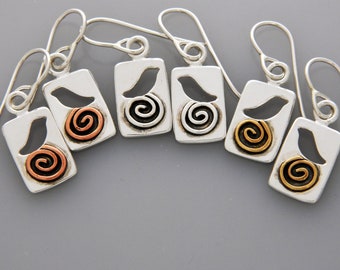 Mixed metal jewelry, mixed metal earrings, migration bird earrings with spirals, seasonal migration jewelry