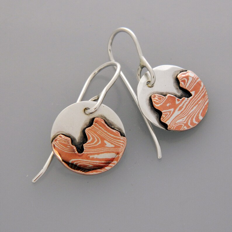 Mixed metal jewelry mixed metal desert mountain earrings, mokume canyon dangles image 1