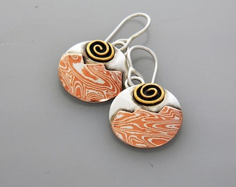 Mokume Gane Earrings: Sterling Silver Sunlit Peaks, Mixed Metal Jewelry