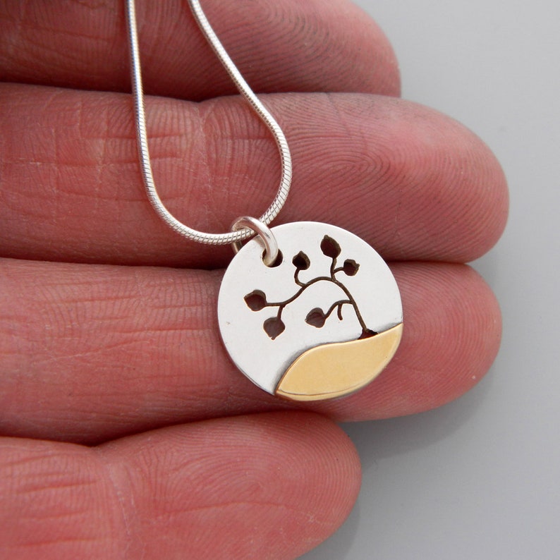 Mixed Metal Jewelry, Lone Tree Pendants, Silver, Copper, Brass and