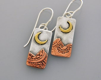 Mixed metal jewelry "Golden Moon Glow" landscape earrings