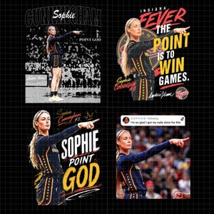 Op de afbeelding: Een collage van vier grafische ontwerpen met basketbalspeler Sophie Cunningham in een zwart en goud Indiana Fever-uniform. De afbeeldingen bevatten tekst zoals "Sophie", "Point God", "The point is to win games" en een social media overlay.