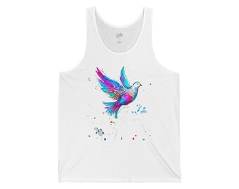 Camiseta sin mangas con paloma en acuarela y colorido pájaro volador.
