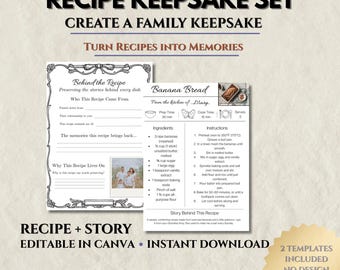 Editable Recipe Template Canva - Recipe Card Printable, Family Cookbook Kit, Heirloom Recipe Keepsake, Instant Download, 2 Template Set