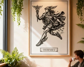 ヘルメス｜ギリシャ神話のウォールアートプリント｜美術館品質のファインアートポスター｜ミニマルな黒インク装飾
