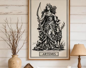 アルテミス｜ギリシャ神話のウォールアートプリント｜美術館品質のファインアートポスター｜ミニマルな黒インク装飾