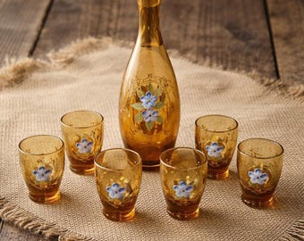 Juego de decantador y chupitos de cristal de Murano veneciano italiano color ámbar pintado con flores de esmalte 3D