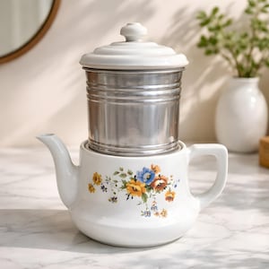Cafetière/théière vintage Three Drip-O-Lator Enterprise Aluminium Co. Floral Pattern