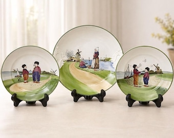Set Of 3 Vintage GS Zell Germany Hand Painted Dutch Figures, Children, Windmill