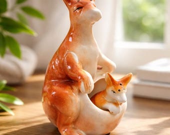 Salero y pimentero de cerámica vintage con forma de canguro (madre y cría), color marrón y rosa, fabricados en Japón.