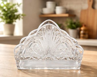 Servilletero vintage de cristal de plomo transparente con forma festoneada y punta en abanico ~ Soporte para cartas