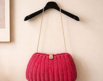 Vintage Handmade Crown Colony Hong Kong Plastic Coated Red Wicker Purse 50s-60s