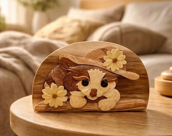 CARVER DAN'S handgemaakte houten puzzeltrinket kat met hoed en bloemen sieradendoosje