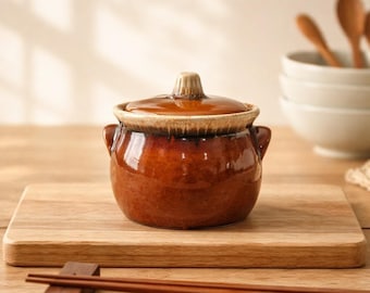 Olla de barro marrón con tapa, estilo vintage de Hull Pottery, apta para horno. Fabricada en EE. UU.