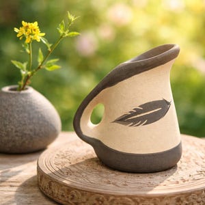 May include: A handmade ceramic pitcher with a black feather design. The pitcher has a cream-colored body with a dark brown rim, base, and handle. A small gray vase with a yellow flower is to the left of the pitcher.