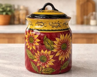Tarro/recipiente para galletas Pier 1 Sun Flower de terracota de 23 cm con tapa, rojo/amarillo/verde