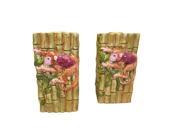 Vintagepar ljusstakar, bambu med apor, keramik, cbk LLC, 1998, 13 cm hög