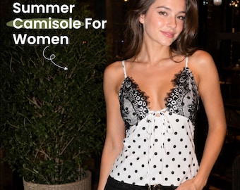 White Polka Dot Lace Cami Top Women Tie Front V Neck Spaghetti Strap Sleeveless Slim Fit Summer Black