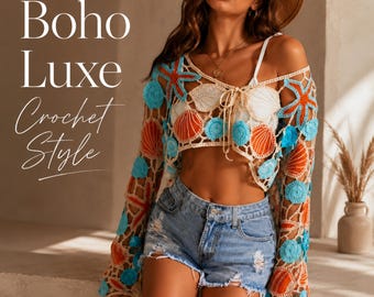Boho Crochet Beach Cover Up, Starfish Shell Crop Top, Women Bohemian Drawstring Beachwear Blouse