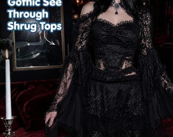 Gothic Lace Shrug Top | Black See Through Flare Sleeve Crop Top | Grunge Aesthetic Lace Cover Up | Witchcore Festival Outfit