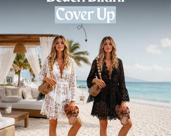 Bell Sleeve Crochet Romper Cover Up Women Deep V‑Neck Lace Beach Bikini One‑Piece Dress S M L XL White Black